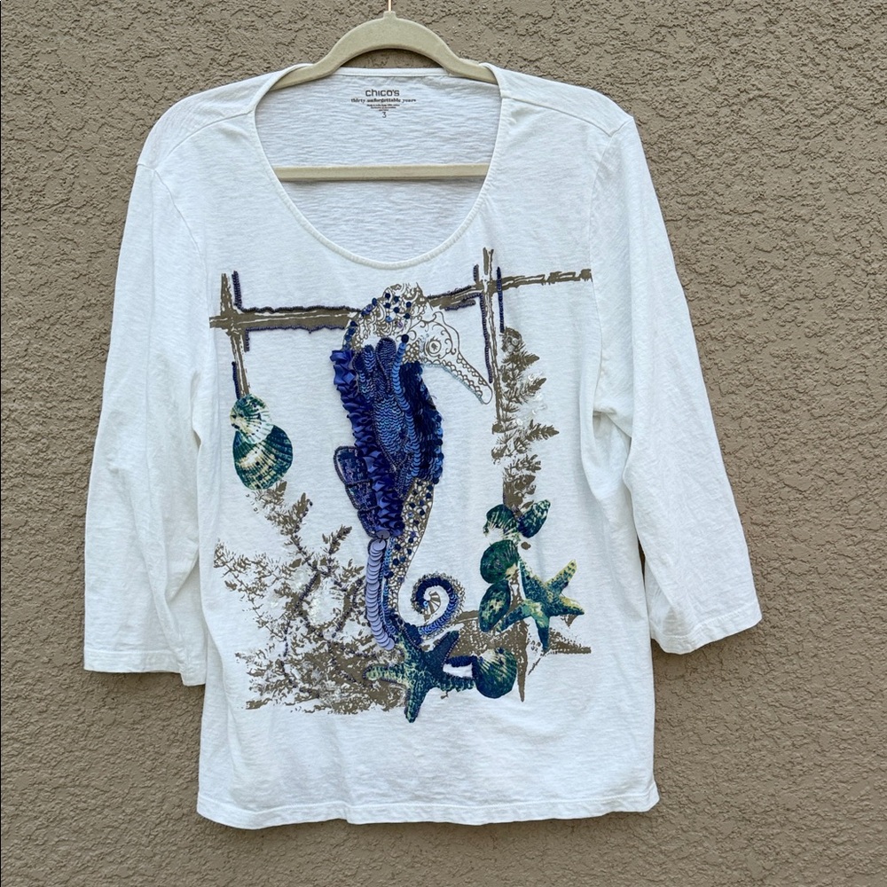 Chico's White Tee with Blue Sequin Seahorse and Green Shell Accents